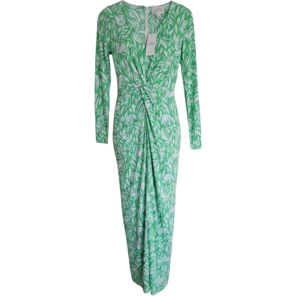 Lilly Pulitzer Tilli Maxi Dress Womens 2 Green Floral Twist Front Sleeve NWT